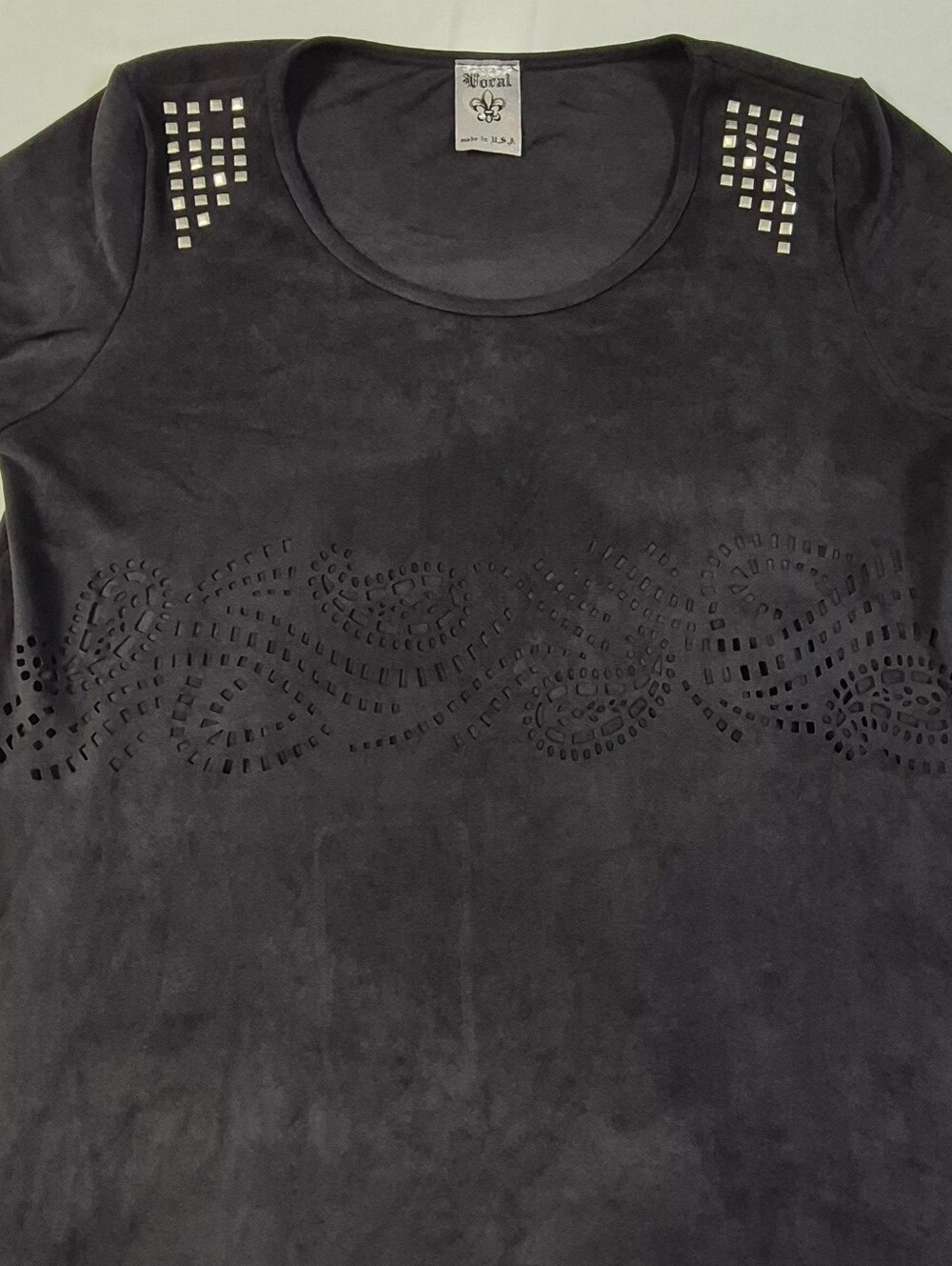 Vocal Black Faux Suede Tunic Top XL Studded Laser Cut Out Fringe Asymmetrical - Picture 7 of 9